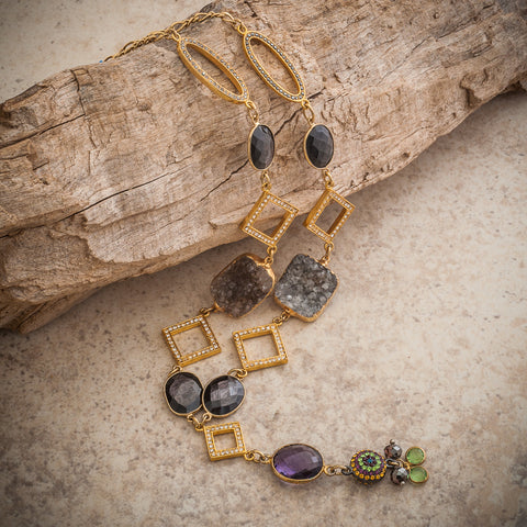DRUZY AMETHYST & ONYX CRYSTAL DROP NECKLACE
