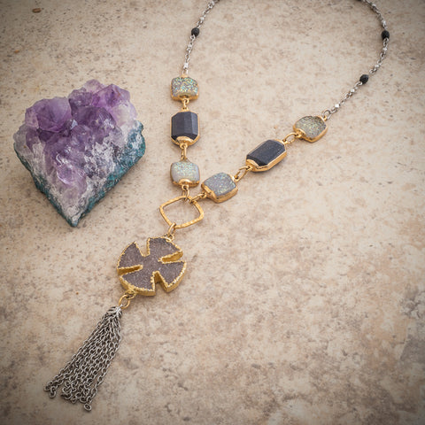 CANTERBURY DRUZY CROSS TASSEL NECKLACE