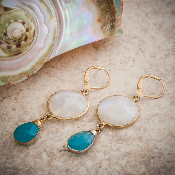 OCEAN WHITE RAINBOW MOONSTONE & BLUE QUARTZ DROP EARRING