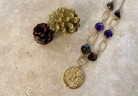 Amethyst and Smokey Quartz Coin Necklace