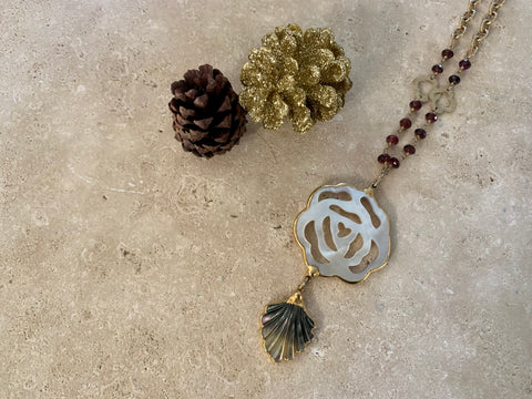 Rose Shell and Garnet Drop Necklace